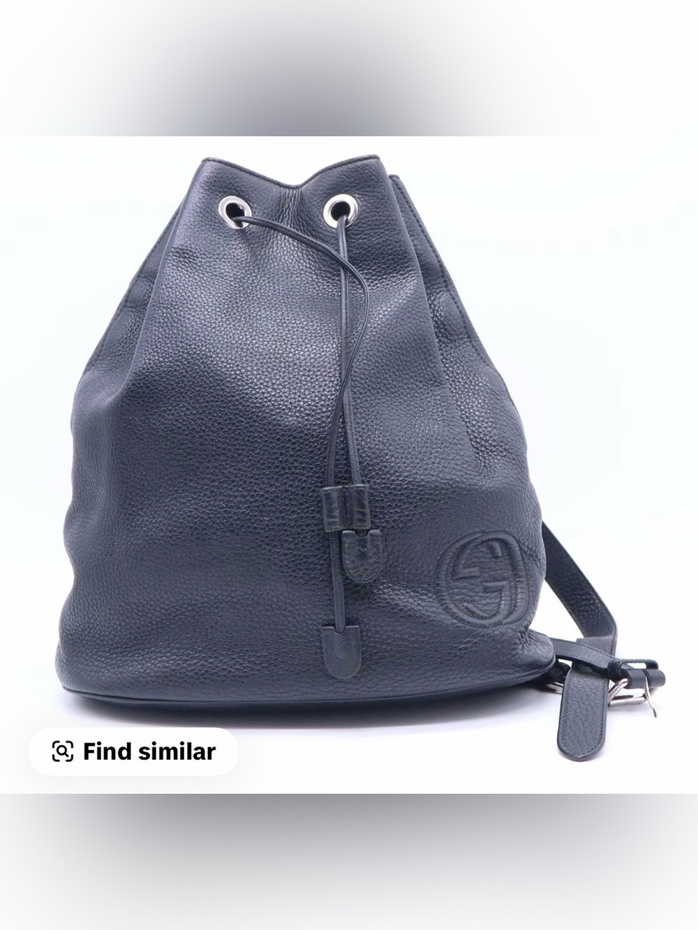 GUCCI GG SoHo Black Pebbled Leather Drawstring Backpack interlocking Embossed GG